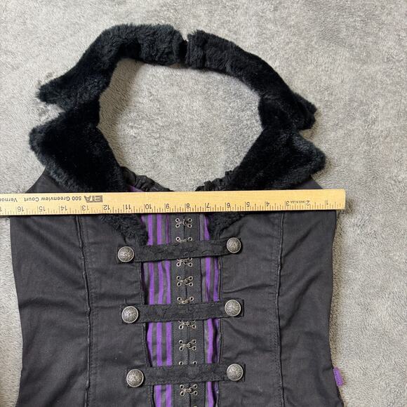 Vintage Tripp NYC Women L Goth Punk Halter Corset Vest Top Faux Fur Collar Black - Picture 9 of 10